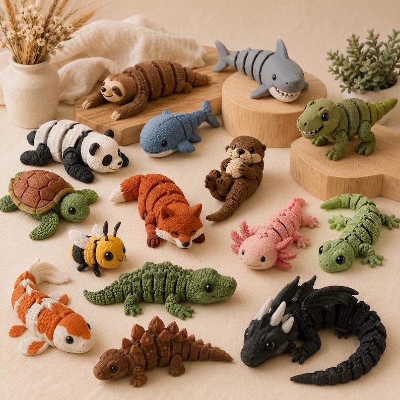 May include: A collection of handmade animal figurines, including a sloth, panda, shark, whale, otter, turtle, fox, bee, axolotl, gecko, koi fish, alligator, stegosaurus, and dragon. The figurines are in various colors and made of a soft material.