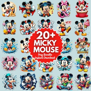May include: A collection of 20+ Mickey Mouse PNG images in various poses and styles. Mickey is depicted in different outfits and settings, including a graduation cap, superhero cape, and holding an ice cream cone. The images are colorful and vibrant.