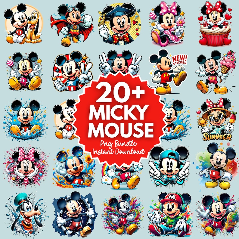 May include: A collection of 20+ Mickey Mouse PNG images in various poses and styles. Mickey is depicted in different outfits and settings, including a graduation cap, superhero cape, and holding an ice cream cone. The images are colorful and vibrant.