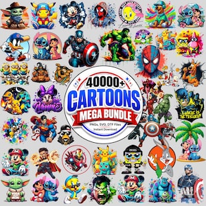 Könnte beinhalten: Eine Sammlung von Cartoon-Charakter-Designs, darunter Micky Maus, Spider-Man und Bugs Bunny. Das Bild zeigt eine zentrale Grafik mit der Aufschrift "40000+ CARTOONS MEGA BUNDLE" mit den Texten "PNGs, SVG, DTF Files" und "Instant Download".