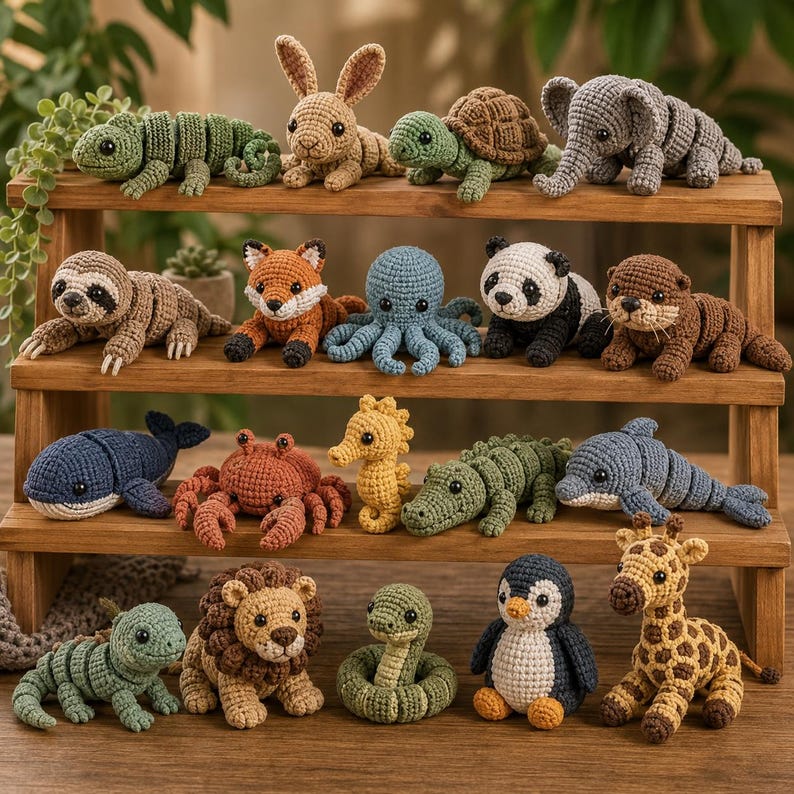 May include: A collection of crocheted animal figurines, including a lizard, rabbit, turtle, elephant, sloth, fox, octopus, panda, otter, whale, crab, seahorse, alligator, dolphin, lion, snake, penguin, and giraffe. The animals are displayed on a wooden shelf.