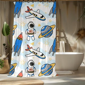 Duschdraperier med rymdstation, babyshowerpresent, present till barnens badrum, astronauter, raketer, flygplansdesign