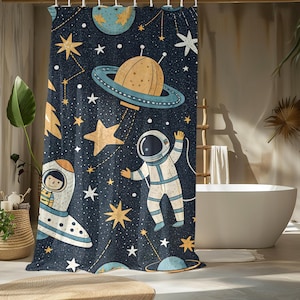 Barnens rymdduschdraperier, babyshowerpresent, present till barnens badrum, raket-astronautdekoration i rymden