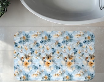 Boho Watercolor Floral Bath Mat, Memory Foam Bath Rug, Bathroom Decor for Little Boys, Baby Shower Present, Gift for Children's Bathroom