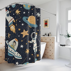 Barnens rymdduschdraperier, babyshowerpresent, present till barnens badrum, raket-astronautdekoration i rymden