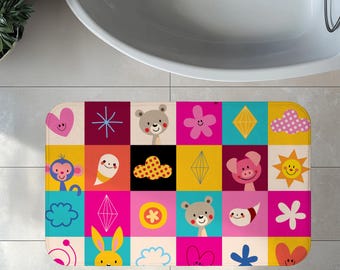 Alfombra de baño retro divertida con estampado de animales, alfombra de baño de espuma viscoelástica, regalo unisex para baby shower, regalo para el baño de los niños, estampado de animales del zoológico alegre