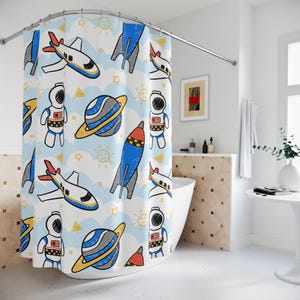 Duschdraperier med rymdstation, babyshowerpresent, present till barnens badrum, astronauter, raketer, flygplansdesign