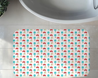 Cute Vintage Toy Car and ABC Block Bath Mat, Memory Foam Bath Rug, Baby Shower Present, Gift for Children's Bathroom, Fun Retro Design