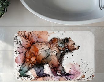 Abstract Bear Bath Mat, Memory Foam Bath Rug, Baby Shower Present, Gift for Children's Bathroom, Modern Watercolor Animal Decor, Boho