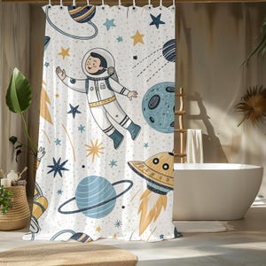 Barnens rymdduschdraperier, babyshowerpresent, present till barnens badrum, raket-astronautdekoration i rymden