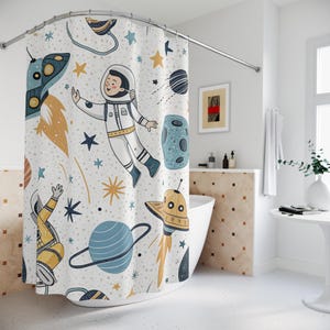 Barnens rymdduschdraperier, babyshowerpresent, present till barnens badrum, raket-astronautdekoration i rymden
