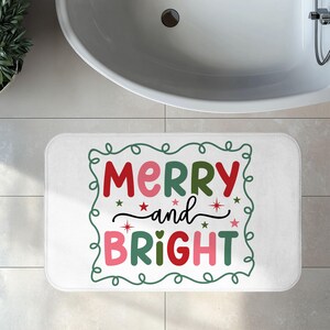 Merry & Bright Christmas Kids Bath Mat, Festive Holiday Memory Foam Bath Rug, Gift for Children's Bathroom