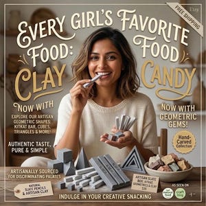 Puede incluir: Un anuncio con una mujer sosteniendo y comiendo lápices de arcilla artesanal y formas geométricas. El texto dice "La comida favorita de todas las chicas: Arcilla de caramelo". La imagen muestra varias formas de arcilla gris, incluyendo barras KitKat, cubos y triángulos.
