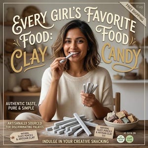 May include: A woman smiles while holding and eating gray slate pencils. The image features text that reads "Every Girl's Favorite Food: Clay Candy." Additional text includes "Authentic Taste, Pure & Simple" and "Artisanally Sourced for Discriminating Palates."