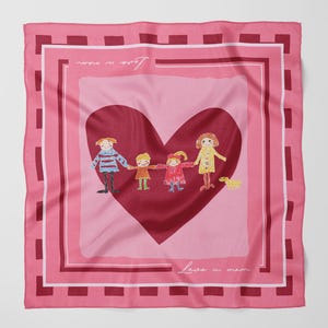 May include: A pink square scarf featuring a heart-shaped family drawing. The drawing shows a family of five holding hands, with a small dog. The scarf has a border with the words "Love u mom".
