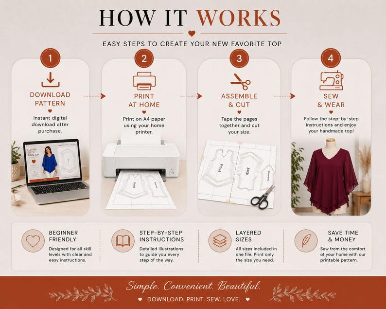 Flutter Sleeve Tunic Top Sewing Pattern PDF, Asymmetrical Hem Blouse ...