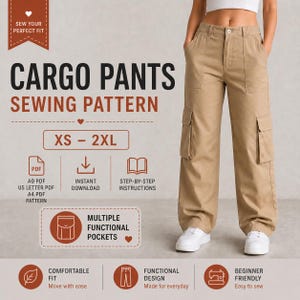 May include: A digital sewing pattern for beige cargo trousers with multiple functional pockets, featuring text including CARGO PANTS SEWING PATTERN, XS - 2XL, PDF, INSTANT DOWNLOAD, STEP-BY-STEP INSTRUCTIONS, COMFORTABLE FIT, FUNCTIONAL DESIGN, and BEGINNER FRIENDLY.