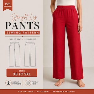 Op de afbeelding: Rode broek met rechte pijpen en een elastische tailleband. De afbeelding bevat ook een naaipatroon voor een broek met rechte pijpen, met de tekst "Straight Leg PANTS Sewing Pattern" en maten "XS tot 2XL". Het patroon is een PDF-download.