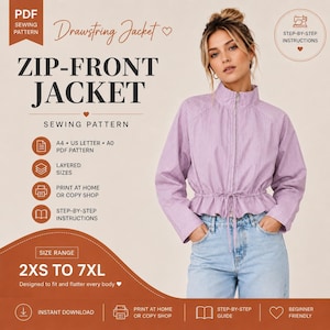 Può includere: Un cartamodello PDF per una giacca con zip frontale e coulisse in vita. Il design presenta una giacca a righe color viola chiaro con maniche lunghe, collo alto e orlo arricciato. Il testo include PDF SEWING PATTERN, ZIP-FRONT JACKET e 2XS TO 7XL.