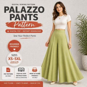 May include: Digital sewing pattern for palazzo trousers. The image shows a woman wearing light green palazzo trousers. The pattern is beginner-friendly and available in sizes XS-5XL. The pattern is a digital PDF with instant download and print-at-home instructions.