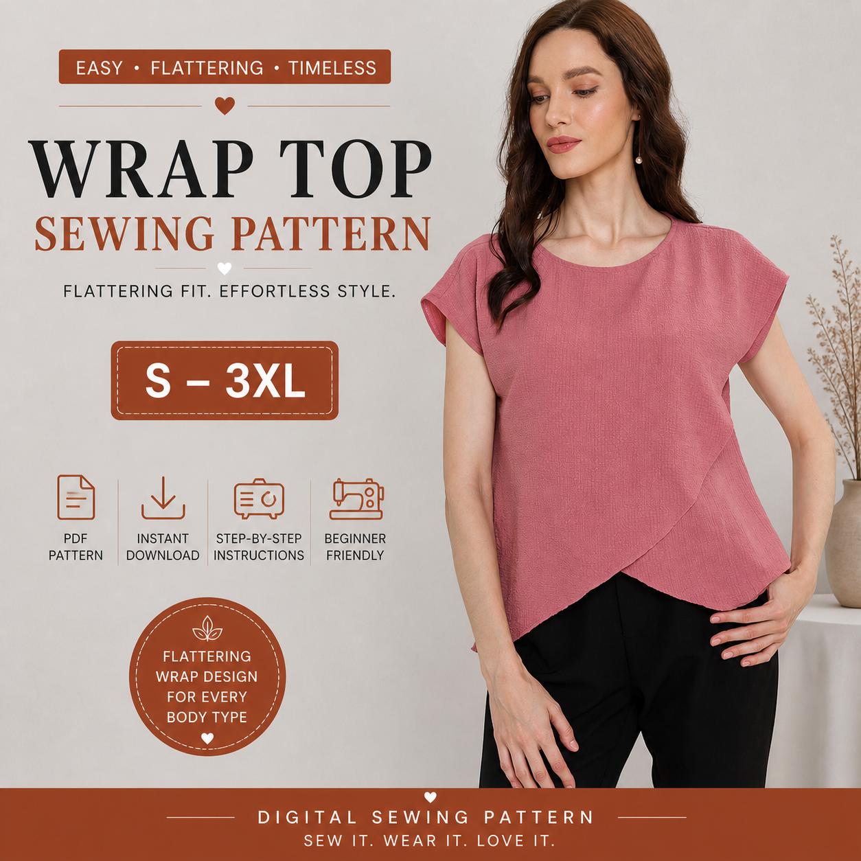 Wrap Blouse Sewing Pattern for Women, Stylish Overlap Top PDF, Casual ...