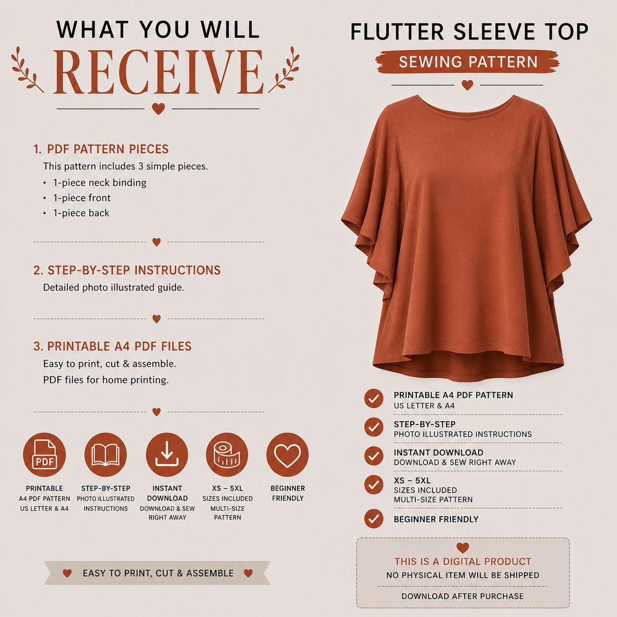 Flutter Sleeve Top Sewing Pattern, Loose Fit Blouse Pattern PDF, Women ...