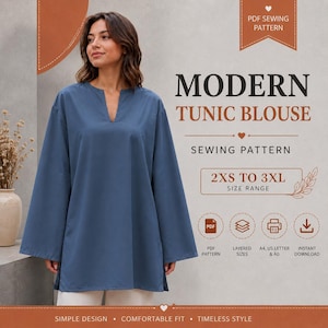 Cartamodello PDF per camicetta a tunica / Top oversize con scollo a V / Tunica a maniche larghe / Adatto ai principianti / Download immediato 2XS-3XL