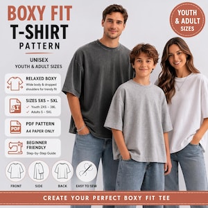 May include: Image of a t-shirt pattern with the text "BOXY FIT T-SHIRT PATTERN". The pattern is unisex and available in youth and adult sizes. The image shows three people wearing boxy fit t-shirts in gray and white. The pattern includes sizes 5XS to 5XL.