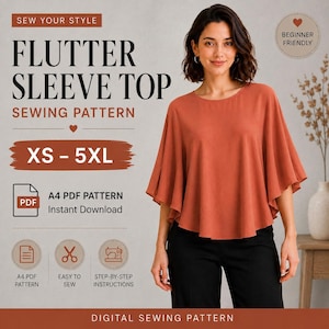 Naaipatroon top met fladdermouwen, losvallend blousepatroon pdf, patroon damestop XS–5XL, digitaal naaipatroon, beginnersvriendelijk