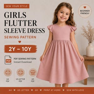 Puede incluir: Una niña con un vestido rosa con mangas de volantes, imagen publicitaria de un patrón de costura. El texto en la imagen dice "Girls Flutter Sleeve Dress Sewing Pattern" y "2Y-10Y". El patrón es apto para principiantes y está disponible en PDF.