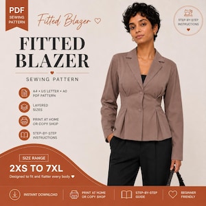 May include: A PDF sewing pattern for a fitted blazer in sizes 2XS to 7XL. The image displays a taupe blazer with a notched lapel, two front buttons, and a cinched waist with pleats, worn over a black top and black trousers. Includes text.