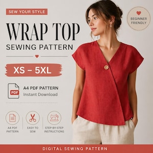 Cartamodello per top a portafoglio in PDF, cartamodello per camicetta kimono, taglie XS–5XL, cartamodello facile per principianti, formato A4, US Letter, PDF stampabile A0, cartamodello per top facile