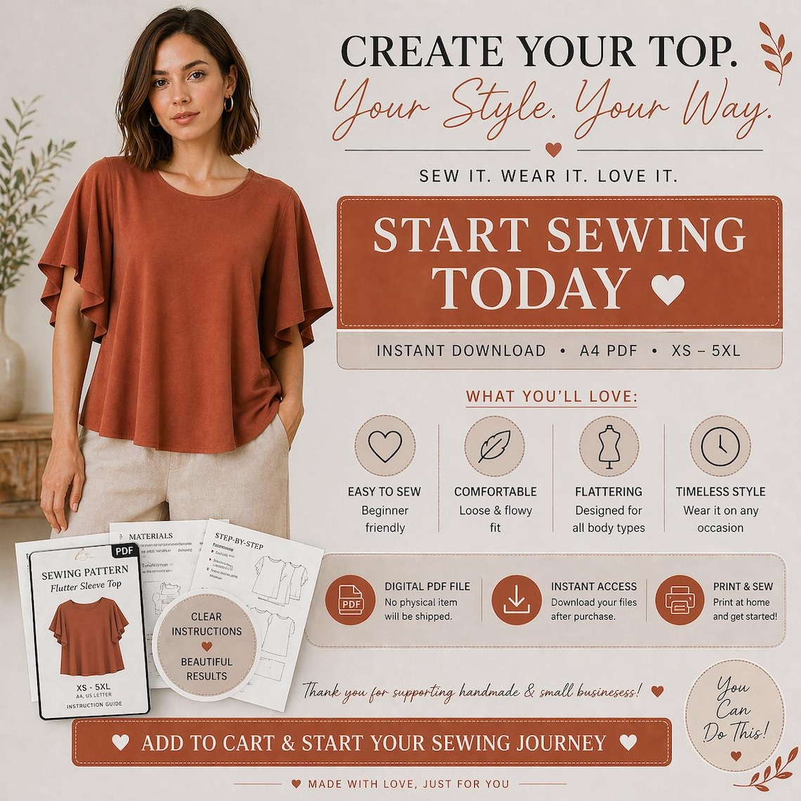 Flutter Sleeve Top Sewing Pattern, Loose Fit Blouse Pattern PDF, Women ...
