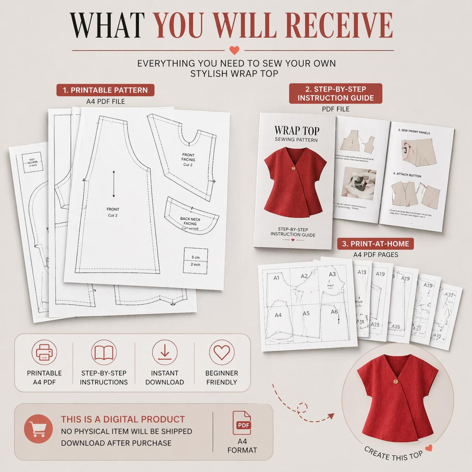 Wrap Top Sewing Pattern PDF, Kimono Blouse Pattern, XS–5XL, Easy ...