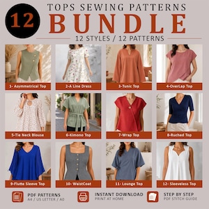 Tops Sewing Pattern Bundle | Wrap Top, A-Line Dress, Tunic Blouse, Peplum Top, Kimono Top & Camp Collar | PDF Beginner Friendly Download