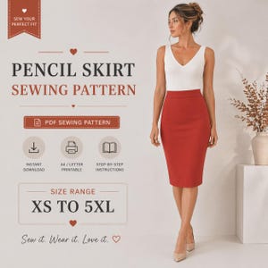 Op de afbeelding: Een rood potloodrok naaipatroon met de tekst "PENCIL SKIRT SEWING PATTERN". Het patroon bevat direct downloaden, A4/Letter printbaar en stapsgewijze instructies. Maatbereik is XS tot 5XL. Een vrouw draagt de rok.
