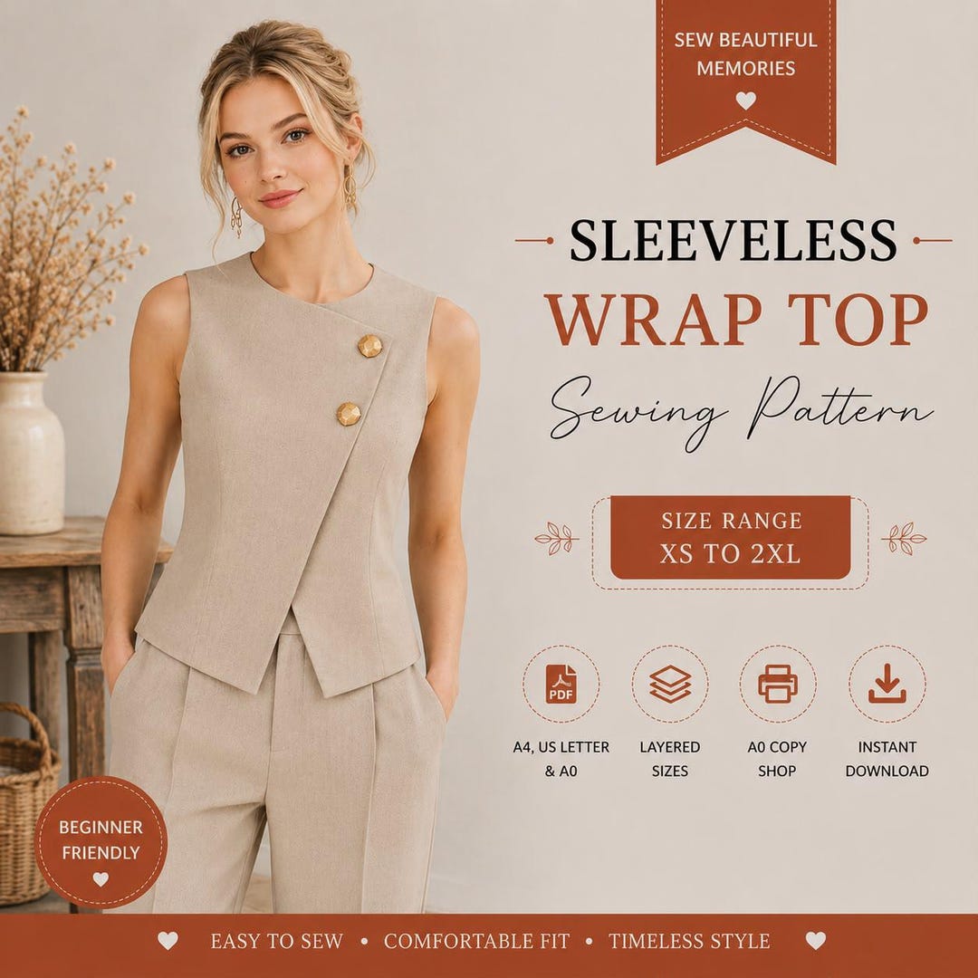 Sleeveless Wrap Top Sewing Pattern PDF, Women’s Wrap Top Pattern ...