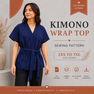 May include: A navy blue kimono wrap top with short sleeves and a waist tie. The text reads: PDF SEWING PATTERN, KIMONO WRAP TOP, SEWING PATTERN, 2XS TO 7XL SIZE RANGE, PDF PATTERN, LAYERED SIZES, A4, US LETTER & A0, INSTANT DOWNLOAD, SIMPLE DESIGN.