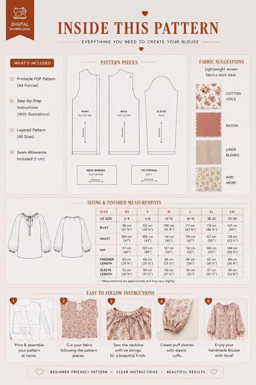 Peasant Blouse Sewing Pattern PDF, Boho Tie Neck Top Pattern, A4 ...