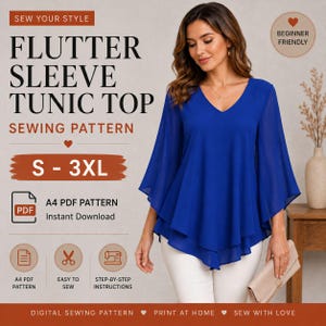 May include: A blue flutter sleeve tunic top sewing pattern. The image includes the text "Flutter Sleeve Tunic Top Sewing Pattern" and "S - 3XL". The pattern is beginner friendly and available as an A4 PDF for instant download.