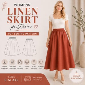 Könnte beinhalten: Ein digitales PDF-Schnittmuster für einen Leinenrock mit dem Text WOMENS LINEN SKIRT pattern, PDF SEWING PATTERN und S TO 3XL. Das Bild zeigt eine Strichzeichnung des Rocks und ein Modell, das einen rostfarbenen Rock trägt.