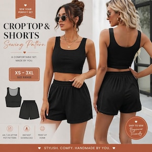 May include: Black crop top and shorts sewing pattern. The image shows a woman wearing a black ribbed crop top and matching shorts. The text on the image says "Crop Top & Shorts Sewing Pattern" and "XS-3XL Size Range."