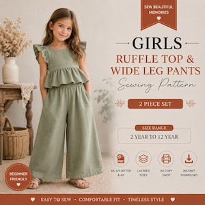 May include: A young girl models a sage green ruffle top and wide-leg pants set. The sewing pattern is for girls, a 2-piece set, and includes sizes from 2 to 12 years. Text on the image reads "Sew Beautiful Memories" and "Beginner Friendly".