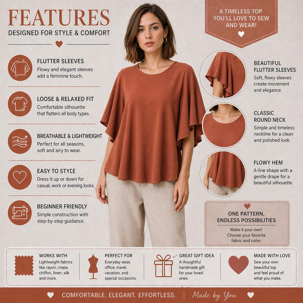 Flutter Sleeve Top Sewing Pattern, Loose Fit Blouse Pattern PDF, Women ...