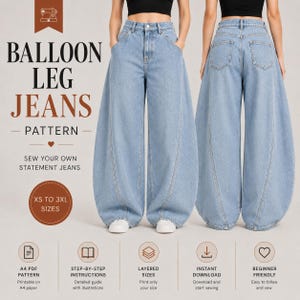 Könnte beinhalten: Hellblaues Ballonbein-Jeansmuster mit dem Text "BALLOON LEG JEANS PATTERN". Das Muster umfasst die Größen XS bis 3XL. Das Bild zeigt die Vorder- und Rückseite der Jeans. Das Muster enthält A4 PDF, Schritt-für-Schritt-Anleitungen, Layer-Größen und Sofort-Download.