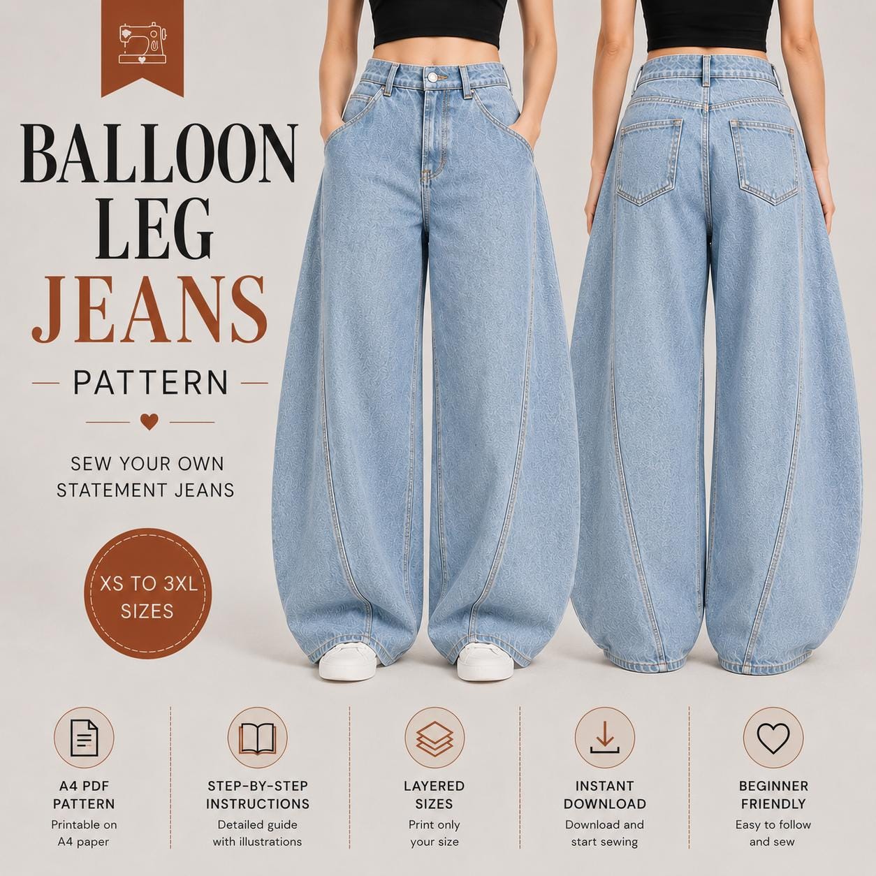 Balloon Leg Pants Sewing Patterns | Barrel Denim Pants Sewing PDF 