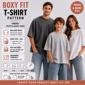 Patrón de costura en PDF para camiseta de corte holgado, patrón unisex de camiseta extragrande, tallas para jóvenes y adultos 5XS–5XL, descarga digital en formato A4, ideal para principiantes.