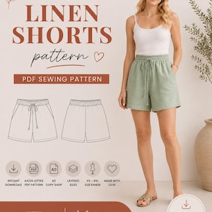 May include: A digital PDF sewing pattern for linen shorts, featuring text that reads WOMENS LINEN SHORTS pattern, PDF SEWING PATTERN, SIZES XS TO XXL, and BEGINNER FRIENDLY. The image displays a technical line drawing of shorts and a photograph of shorts.