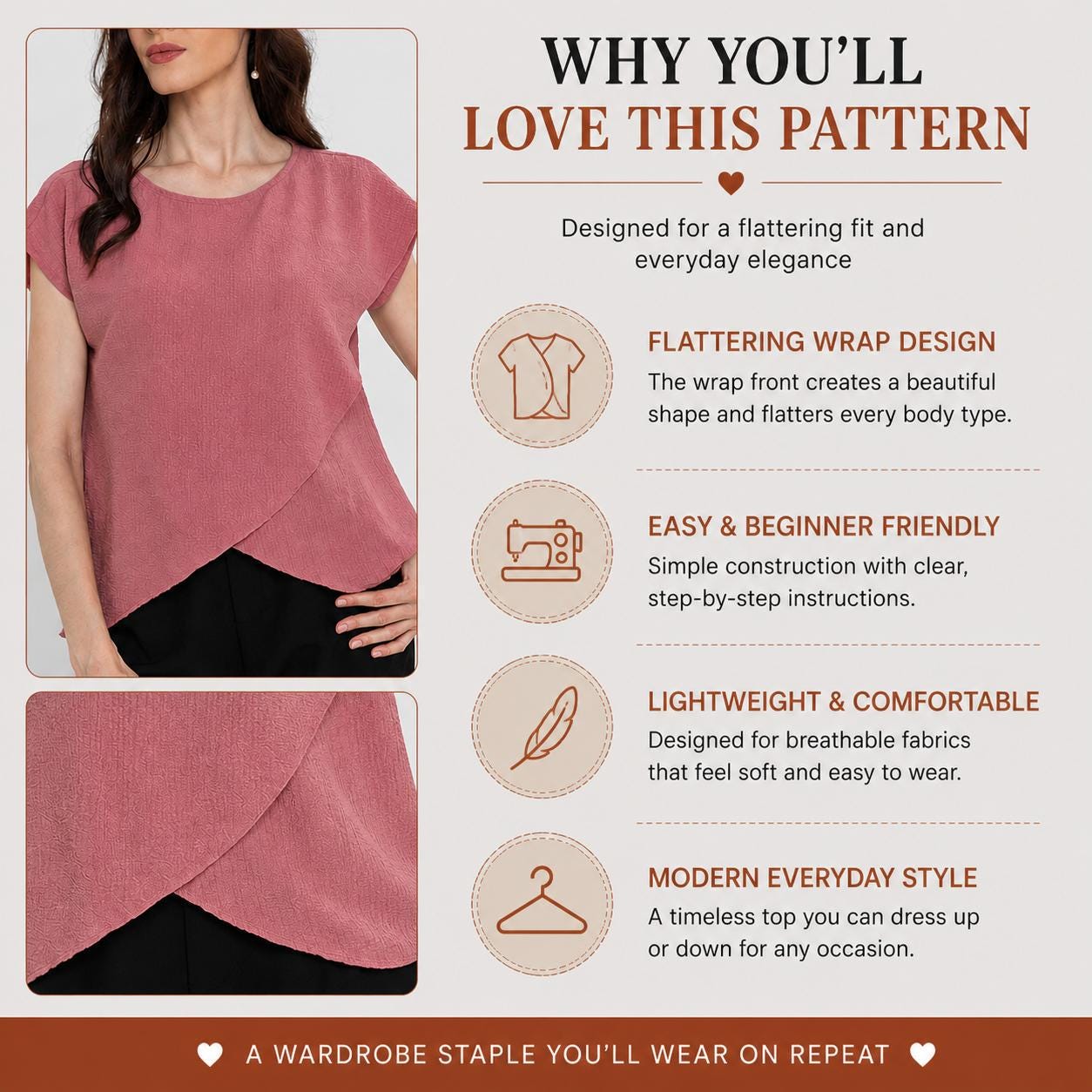 Wrap Blouse Sewing Pattern for Women, Stylish Overlap Top PDF, Casual ...