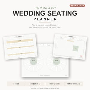 May include: A wedding seating planner with the text "THE PRINT-&-CUT WEDDING SEATING PLANNER." The planner includes layouts for round, top, and banquet tables, plus a venue layout grid. The planner is 8 pages, landscape A4, and an instant download.